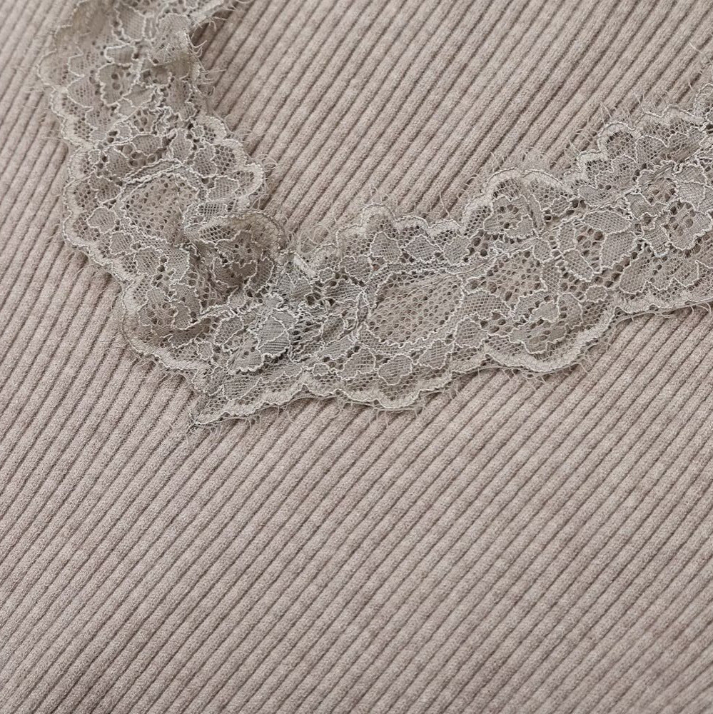 Women Two-Piece Ribbed Knit Set with Lace Trim Mune Fashion