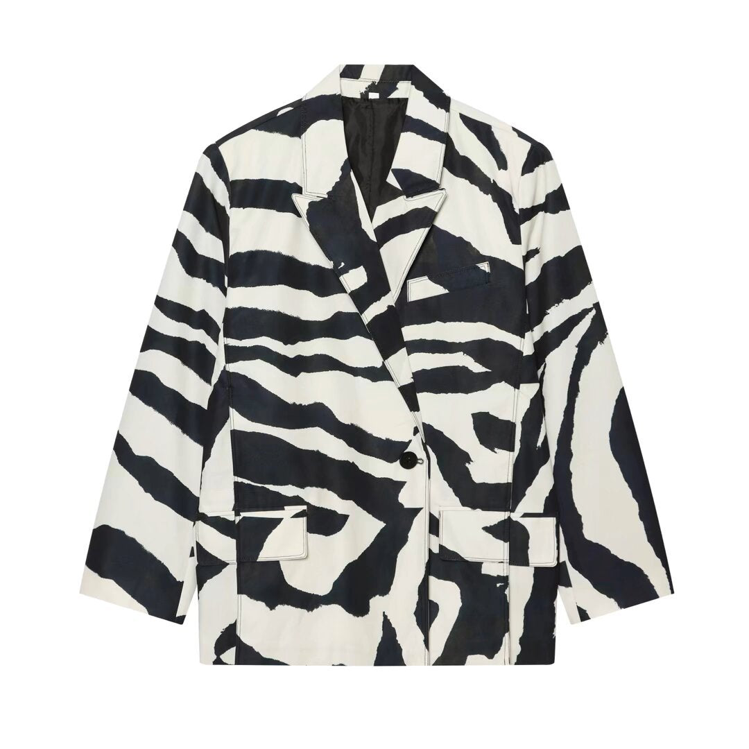 Women's Oversized Blazer with Zebra Print, Draped Lapels and Patch Pockets Mune Fashion
