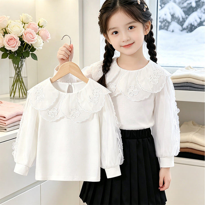 Girls elegant blouse with decorated back opening and tulle sleeves Mune Fashion