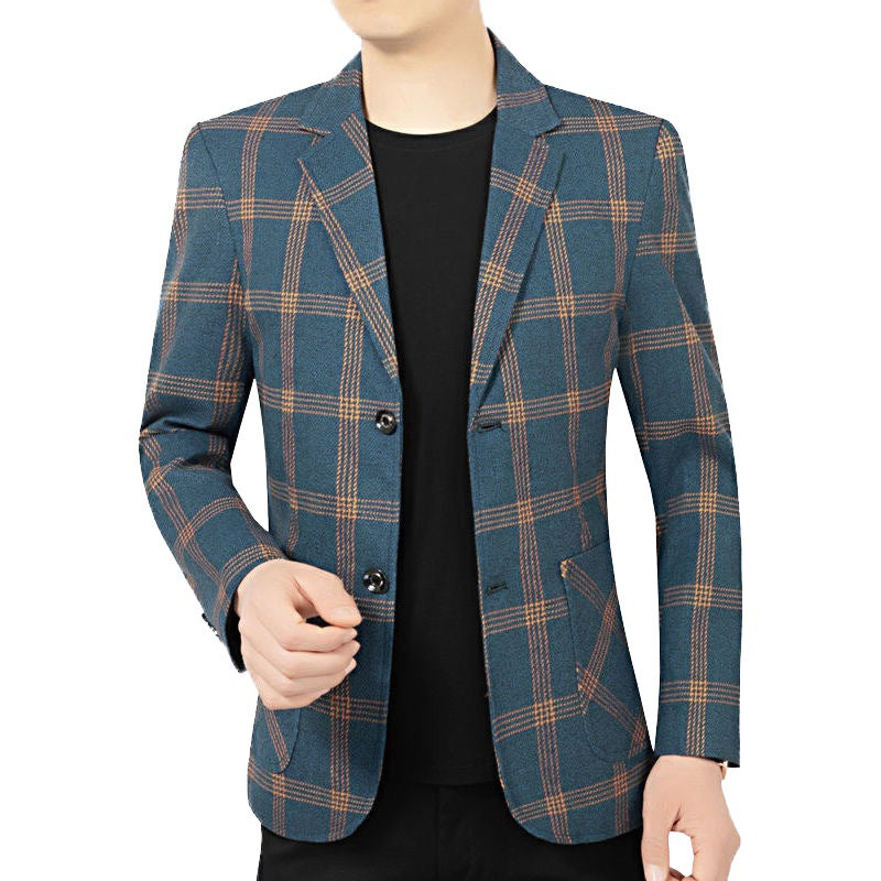 Men's Checkered Slim Blazer Made of Wool Blend with Lapel Collar Mune Fashion