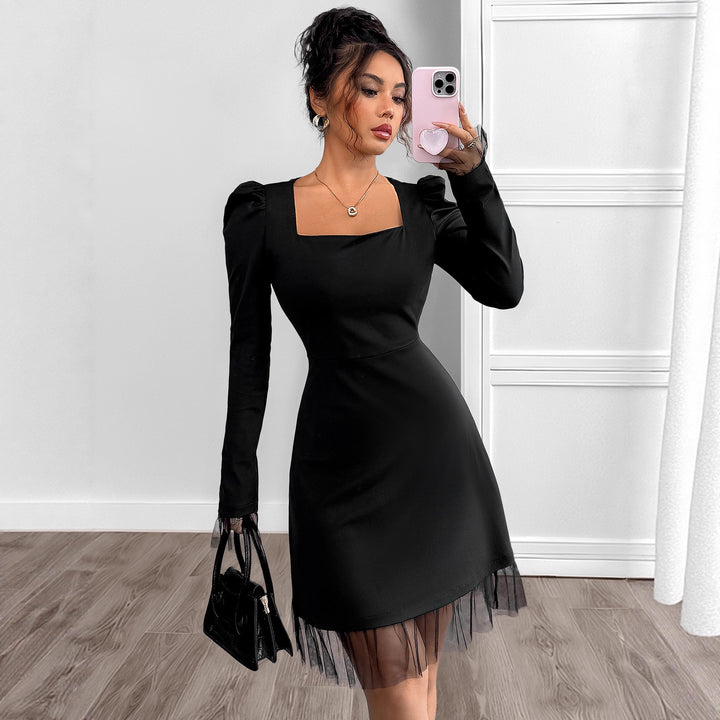 Women Elegant Dress with Puff Sleeves and Transparent Hem Mune Fashion