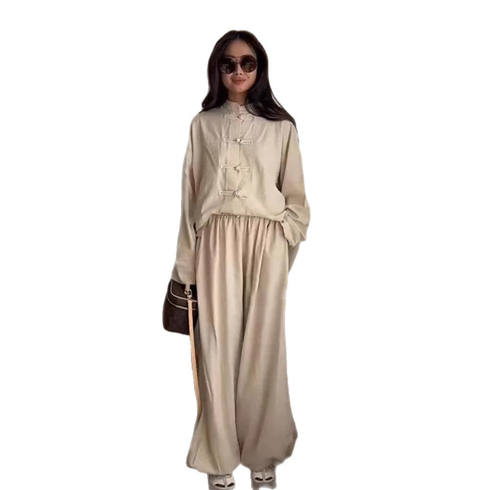 Women Two-Piece Oversize Lounge Set with Stand-Up Collar and Decorative Knot Closures Mune Fashion