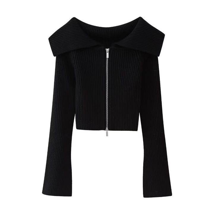 Women’s Short Cut Ribbed Knit Jacket with Wide Off-Shoulder Collar and Full-Length Zipper Mune Fashion