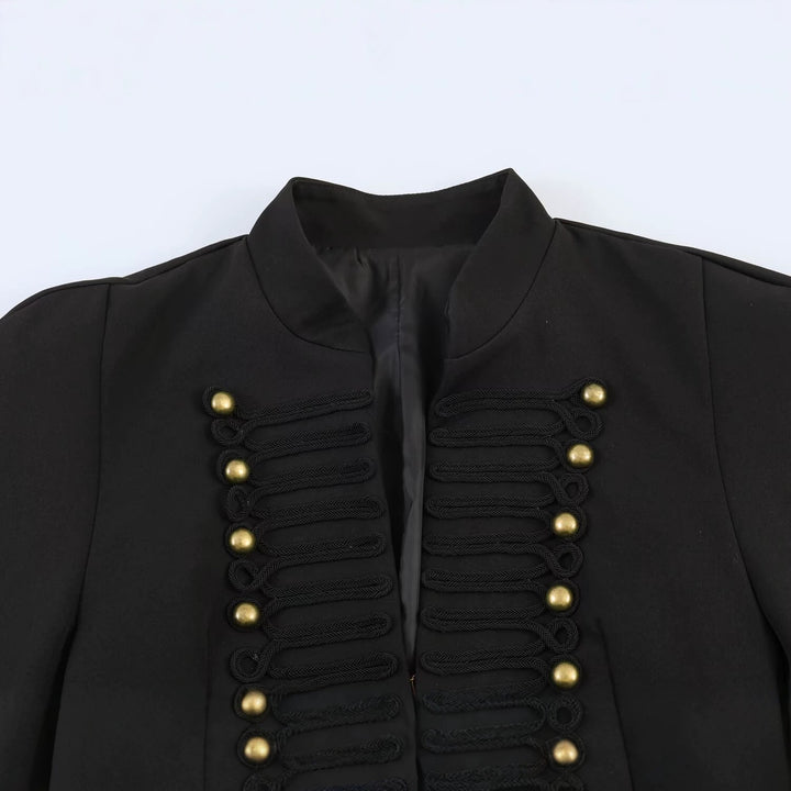 Women Short-Cut Military Inspired Blazer with Stand Collar and Decorative Cord Front Mune Fashion