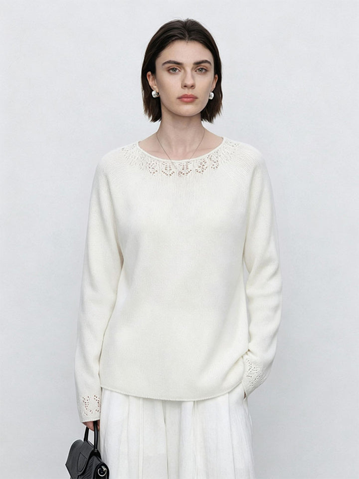 Women's Fine Round Neck Sweater with Lace Knit Detail Mune Fashion
