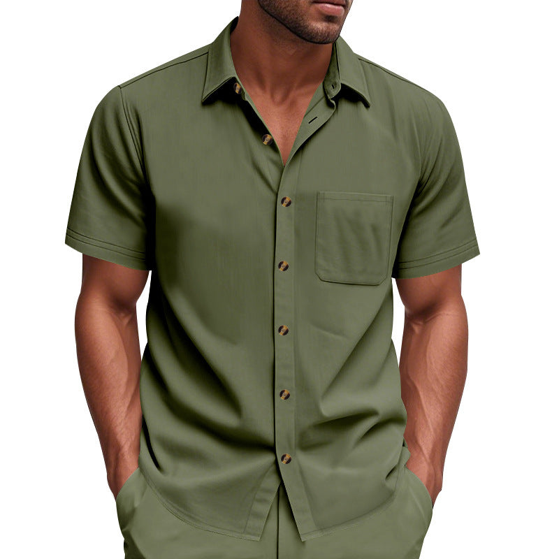Men's short-sleeve resort shirt made of linen blend with chest pocket and drawstring Bermuda Mune Fashion