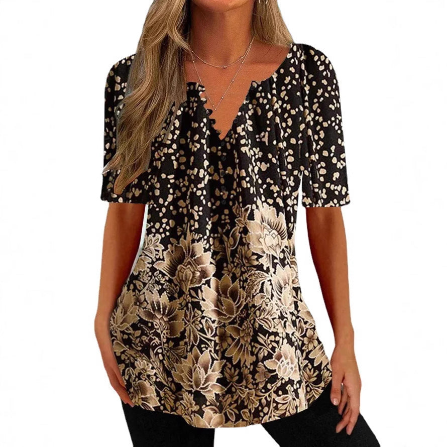 Women’s loose V-neck tunic top with floral trim and polka dot pattern Mune Fashion