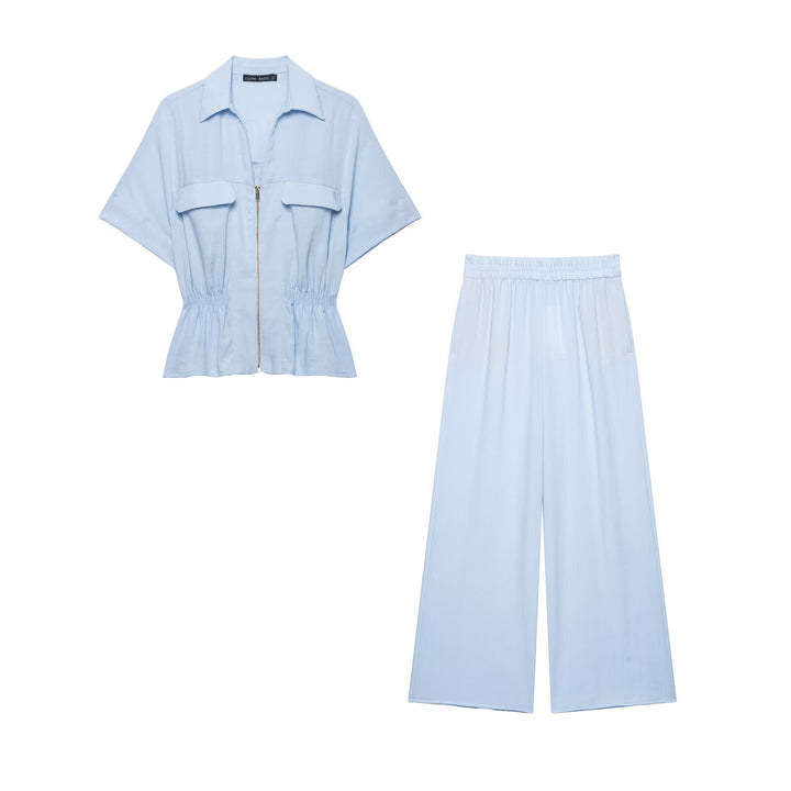 Ladies Short-Sleeved Tailored Blouse Jacket with Zipper and Breast Flaps Drune