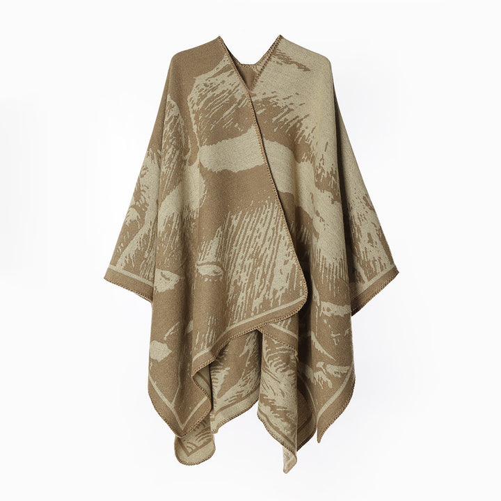 Women Oversize Reversible Knit Ruana with Graphic Jacquard and Chain Edge Mune Fashion