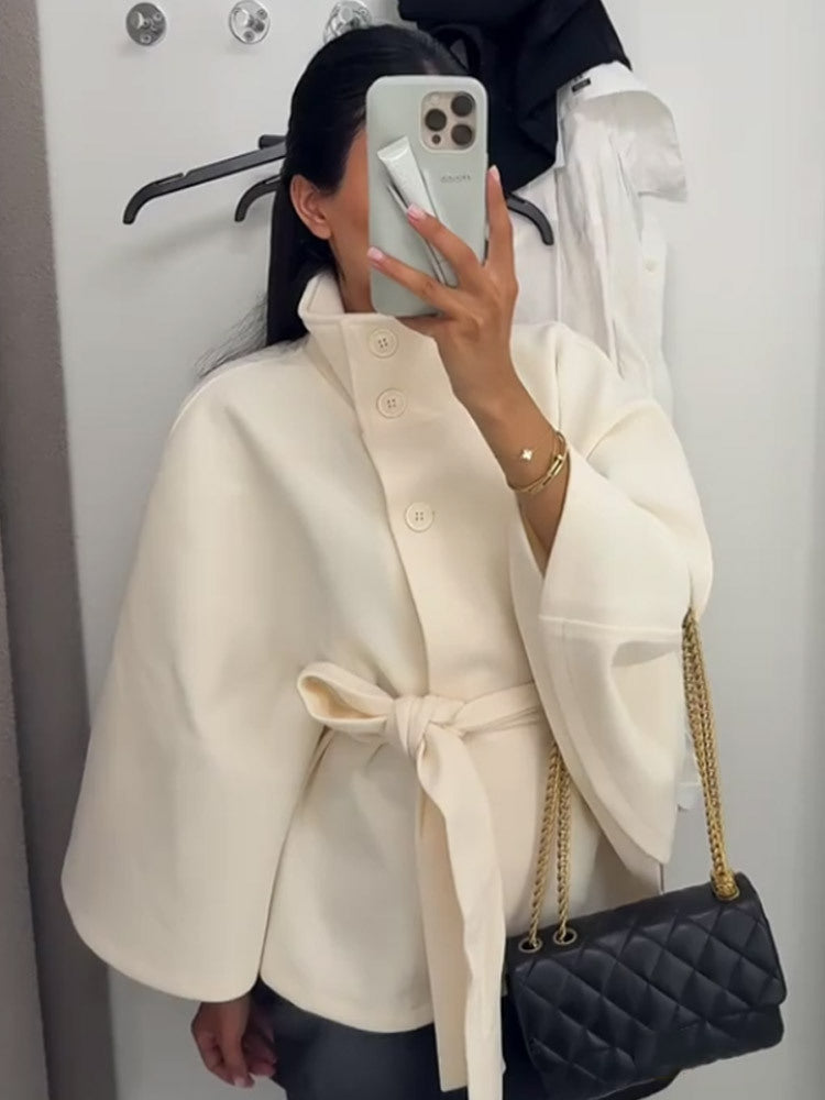 Women Elegant Wool Cape with Waist Belt, Standing Collar and Concealed Button Placket Mune Fashion