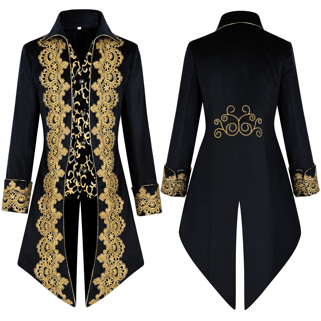 Men's opulent tailcoat with golden lace embroidery and curved swallowtail section Mune Fashion