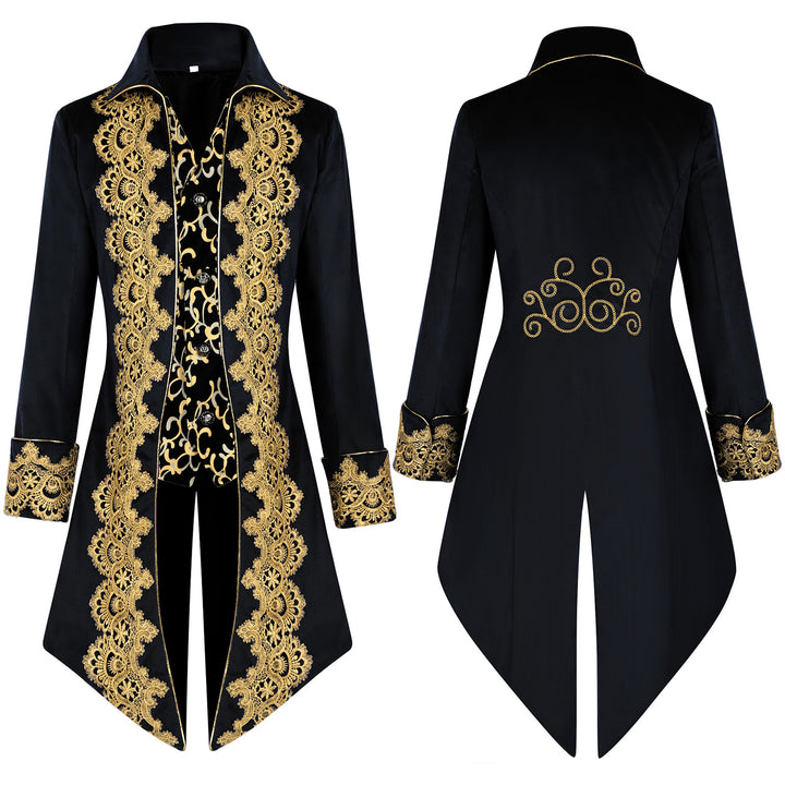 Men's opulent tailcoat with golden lace embroidery and curved swallowtail section Mune Fashion