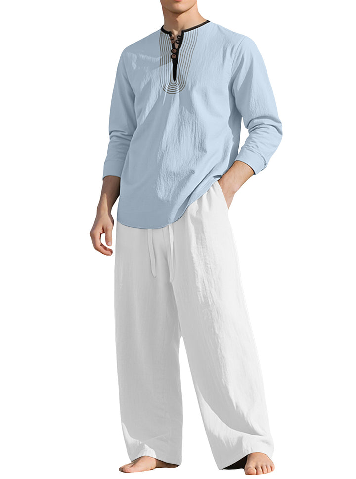 Men's tunic and Palazzo pants set with Henley placket, decorative embroidery and wide cut Mune Fashion