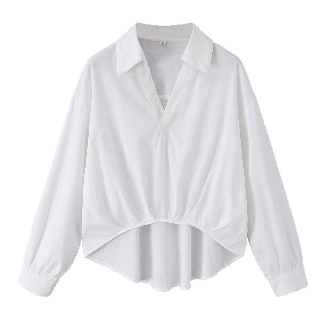 Women's oversized blouse with deep V-neck, shirt collar, and gathered front hem Mune Fashion