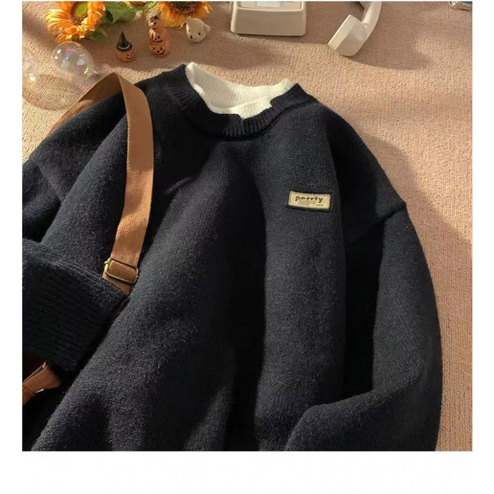 Unisex Oversized Layered Look Knit Sweater with Contrasted Inner Collar and Ribbed Hem Mune Fashion