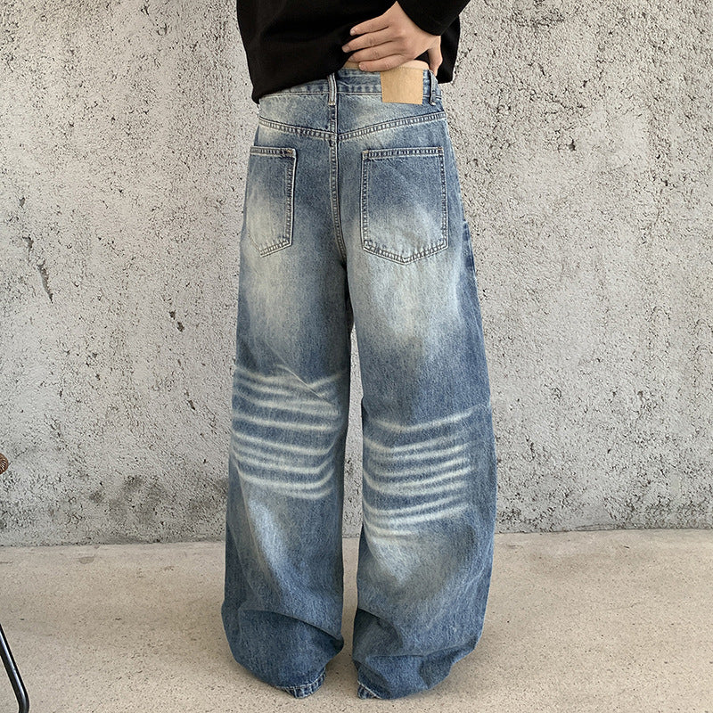 Men's Extra Wide Baggy Denim Trousers with High Waist, Distinctive Whisker Folds and Deep Crotch Mune Fashion