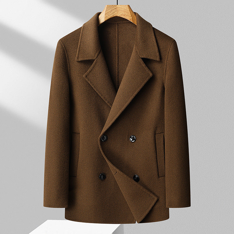 Men's Double-Breasted Wool Short Coat with Lapel Collar Mune Fashion