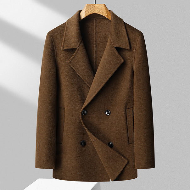 Men's Double-Breasted Wool Short Coat with Lapel Collar Mune Fashion