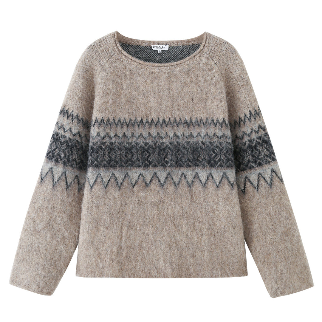 Women Oversize Mohair-Mix Sweater with Round Neck and Fair Isle Pattern Mune Fashion