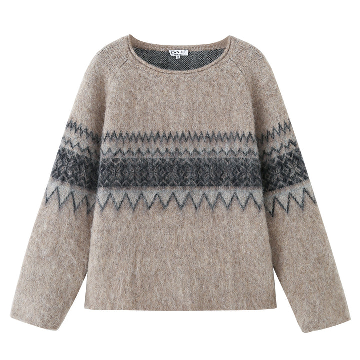 Women Oversize Mohair-Mix Sweater with Round Neck and Fair Isle Pattern Mune Fashion