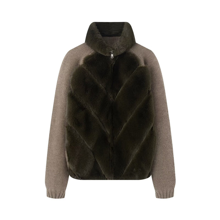 Women's knit pullover jacket with quilted faux fur front and high stand-up collar Mune Fashion