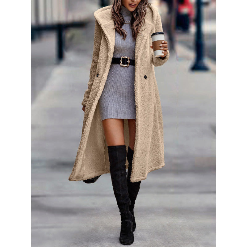 Women's Maxi Length Teddy Coat with Hood and Double Button Placket Mune Fashion
