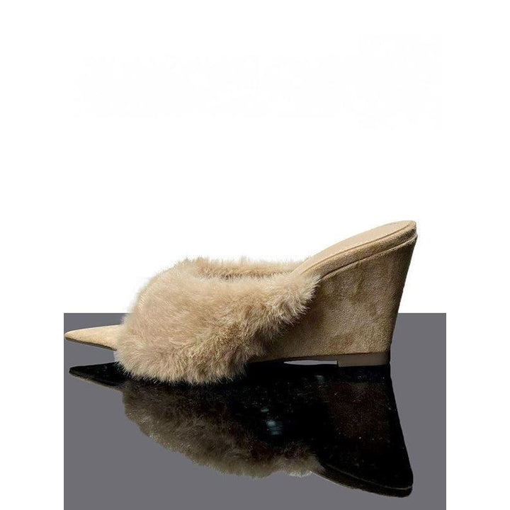 Women fluffy pointed toe mule slippers with faux fur vamp and low wedge heel Mune Fashion
