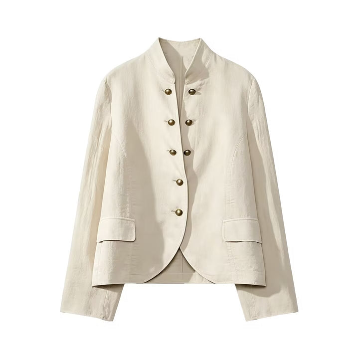 Women's short blazer in military style with stand-up collar and decorative metal buttons Mune Fashion
