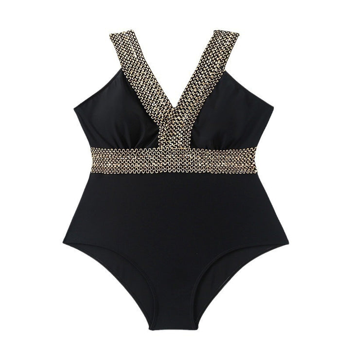 Women's one-piece swimsuit with glamorous V-neckline and golden accents Mune Fashion