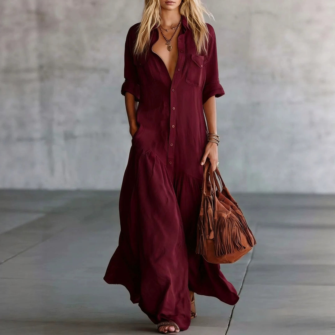 Ladies Long Flowing Shirt Blouse Maxi Dress with Button Placket, Applied Breast Pockets and Side Insert Pockets Mune Fashion