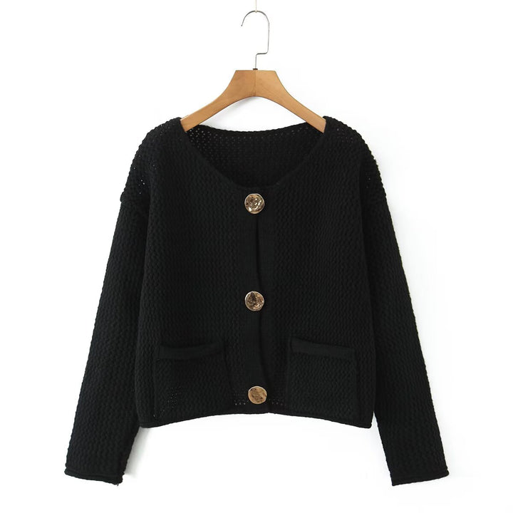 Ladies Light Open Hole Knit Cardigan with Decorative Buttons and Patch Pockets Mune Fashion