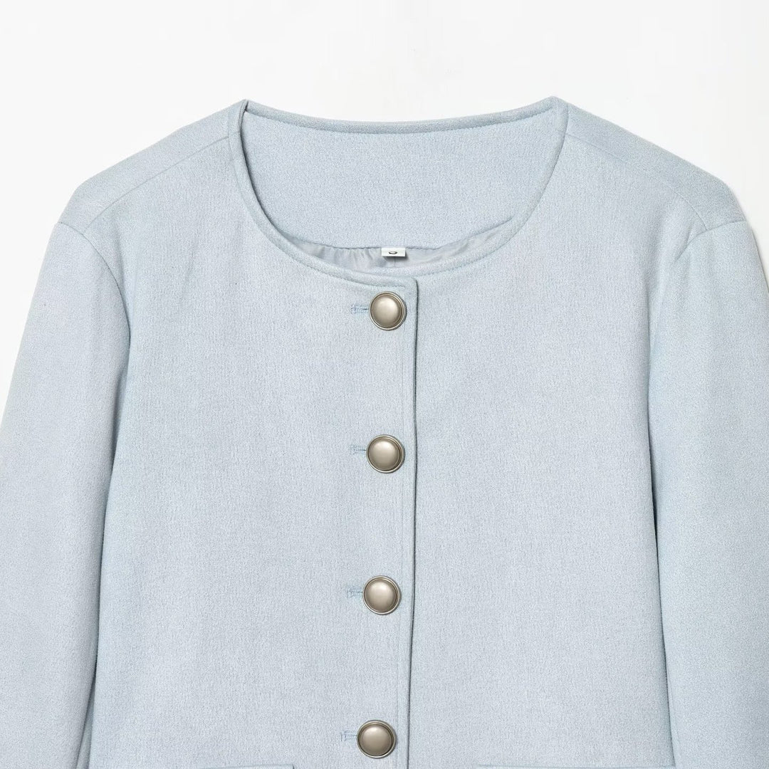 Women's Tailored Cropped Boucle Jacket with Decorative Button Placket and Flap Pockets Mune Fashion