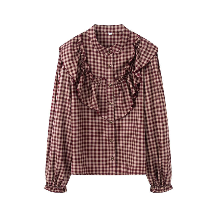 Women Checked Ruffled Blouse with Stand-up Collar and Ruffle Details Mune Fashion