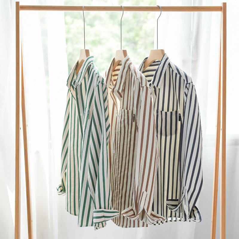 Men's Loose Shirt in Vertical Stripe Pattern made of Lightweight Cotton Blend with Kent Collar and Chest Pocket Mune Fashion