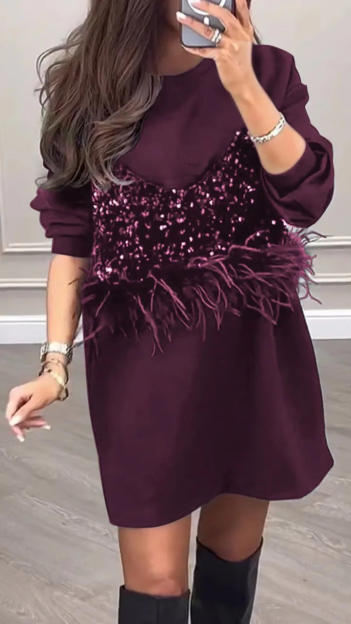 Women's Nan Sweat Mini Dress with Sequin Bustier and Feather Trim Mune Fashion