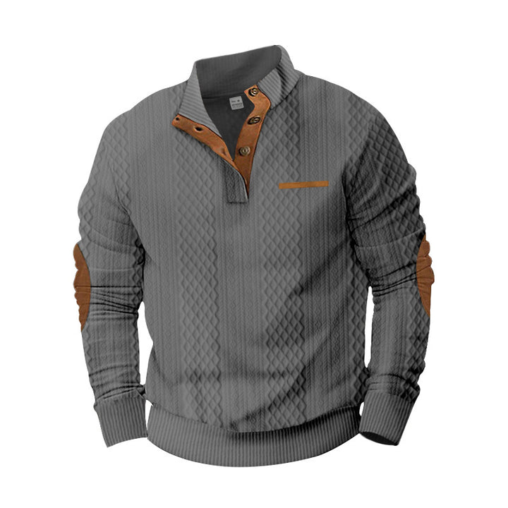 Men's Structured Cable Knit Sweatshirt with Half Button Placket, Faux Leather Patch Pocket & Elbow Patches Mune Fashion