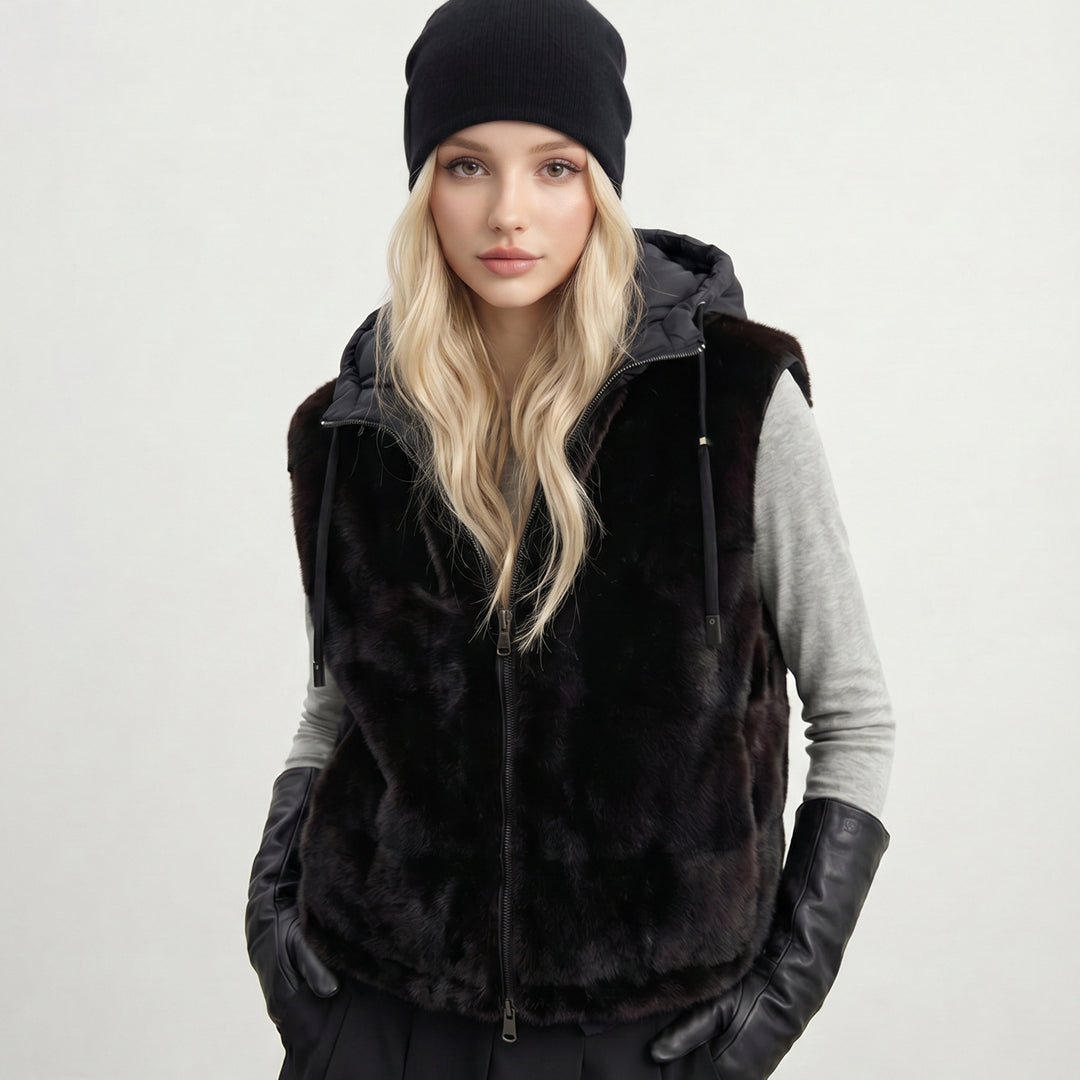 Women's Nan Urban Faux Fur Padded Vest with Hood, Zipper, and Insulating Padding Mune Fashion