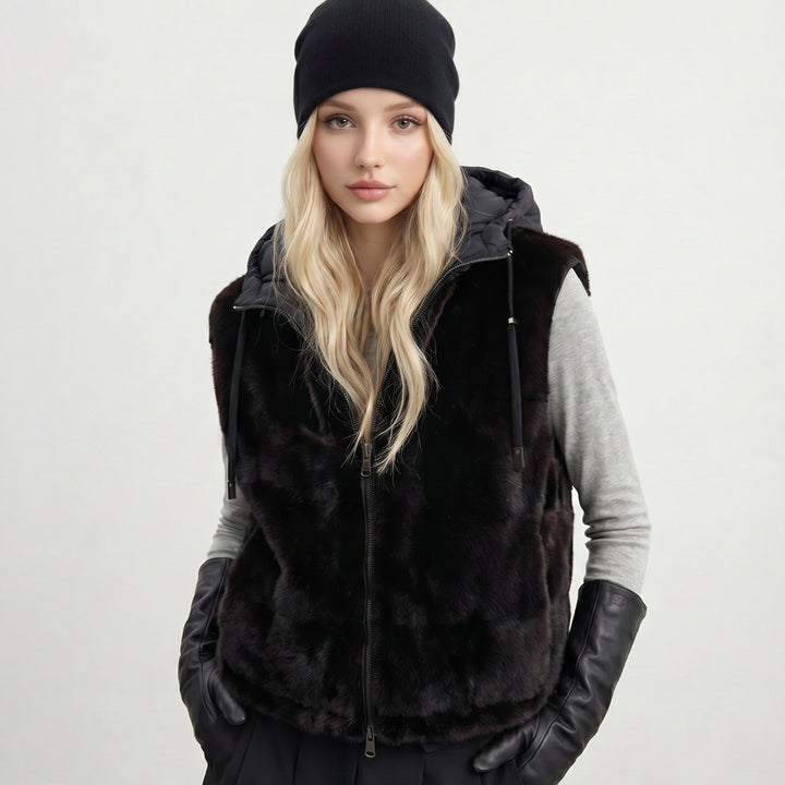Women's Nan Urban Faux Fur Padded Vest with Hood, Zipper, and Insulating Padding Mune Fashion