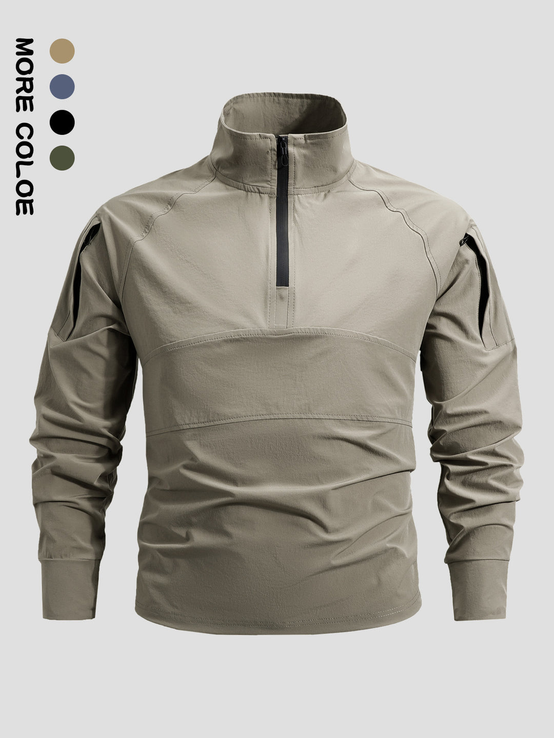 Men's lightweight tactical zip pullover with high collar, shoulder flaps, and concealed zip pockets.