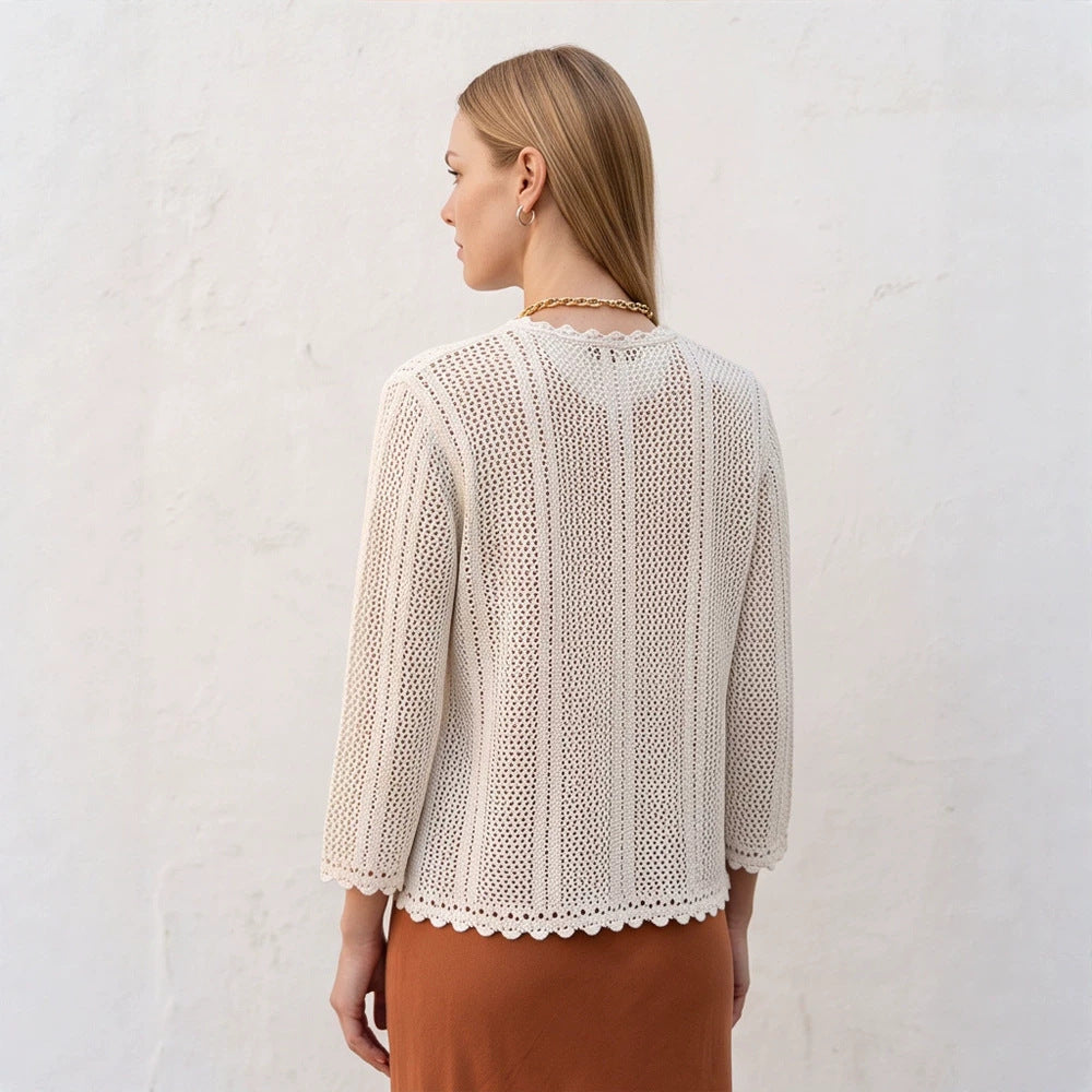 Women's crocheted short jacket with wavy hem, open front & 3/4 sleeves Mune Fashion
