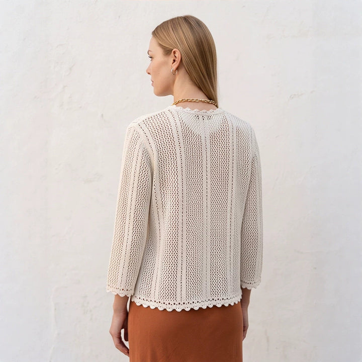 Women's crocheted short jacket with wavy hem, open front & 3/4 sleeves Mune Fashion