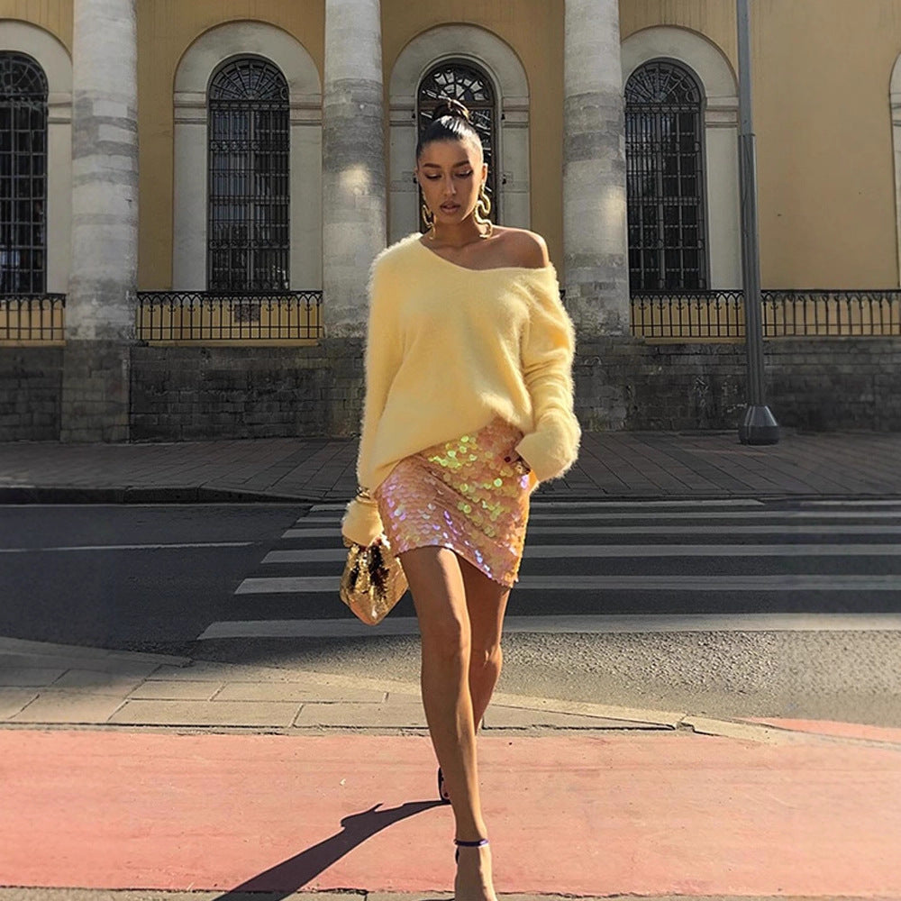 Women Cozy Oversized Mohair Sweater with V-Neck and Extended Back Hem Mune Fashion