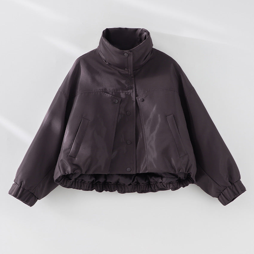 Women's Short Padded Jacket in Leather Look with High Stand-Up Collar and Gathered Hem Mune Fashion