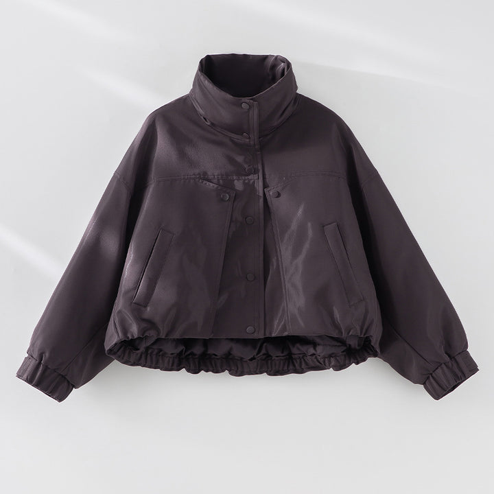 Women's Short Padded Jacket in Leather Look with High Stand-Up Collar and Gathered Hem Mune Fashion
