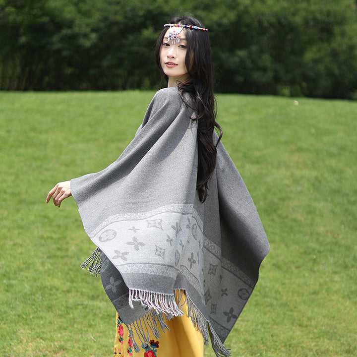 Women's Oversized Rectangular Poncho made of Wool Blend with Woven Jacquard Border and Fringed Hem Mune Fashion