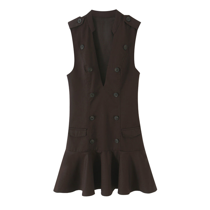 Women's sleeveless blazer dress in trench style with double-breasted button placket and flared hem Mune Fashion