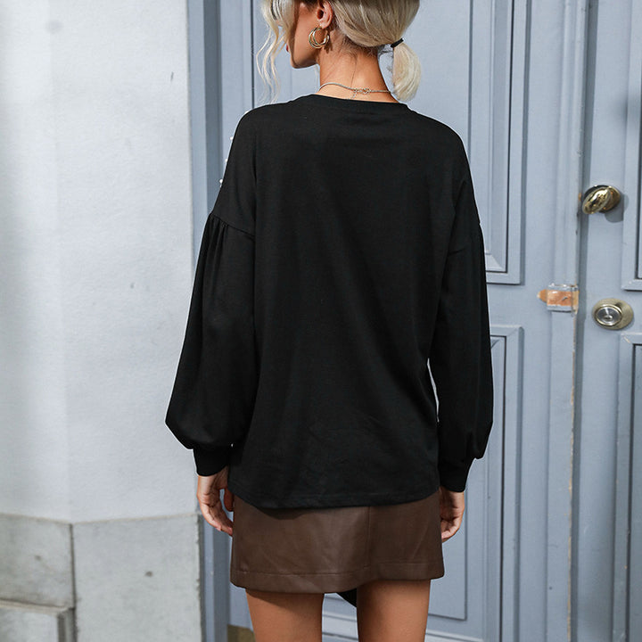 Ladies Oversized Sweatshirt with Pearl Decor and Balloon Sleeves Mune Fashion