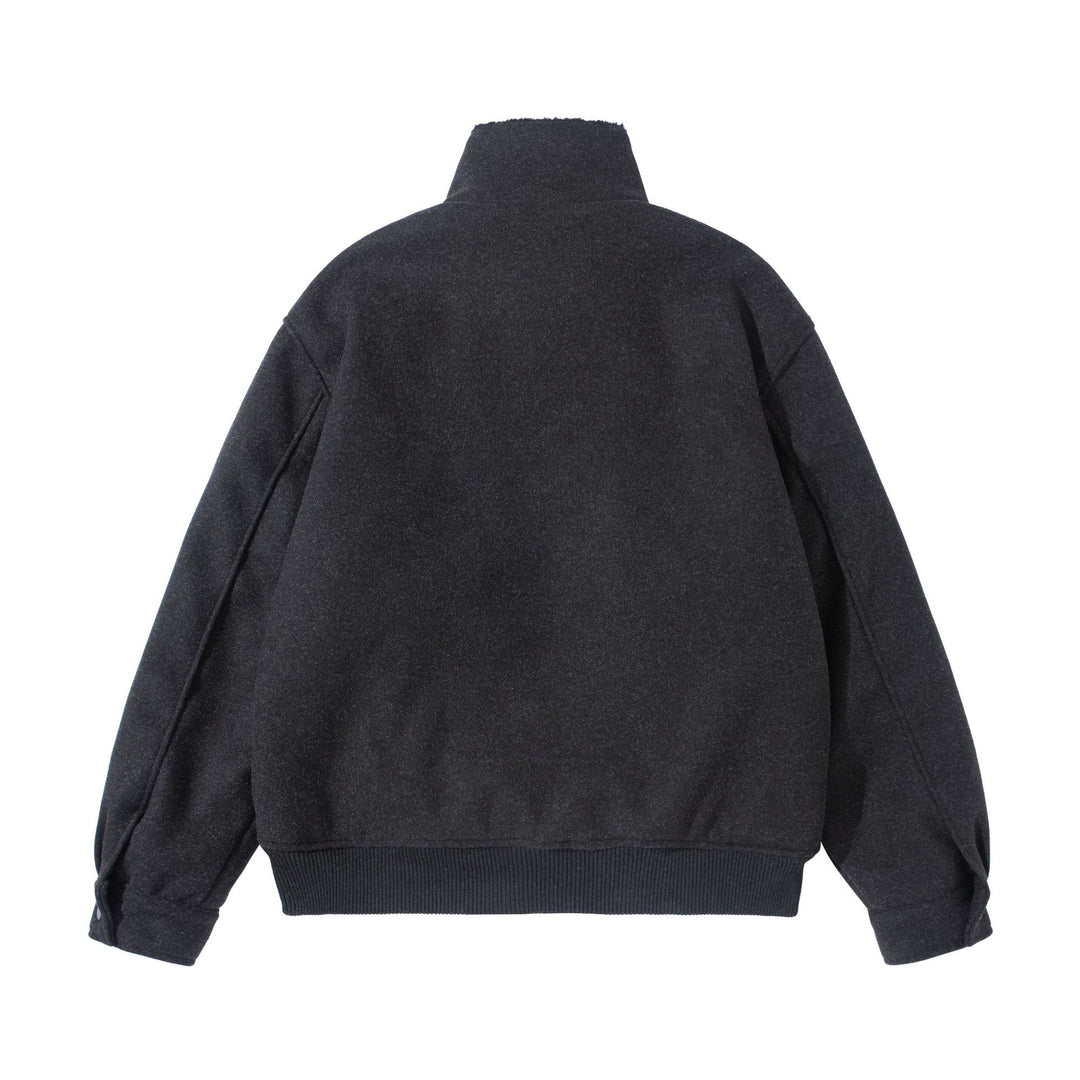 Unisex Boxy Wool Felt Bomber Jacket with High Stand-Up Collar, Fleece Lining and Ribbed Hem Mune Fashion