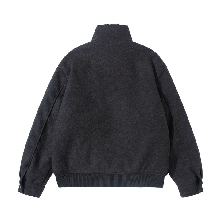Unisex Boxy Wool Felt Bomber Jacket with High Stand-Up Collar, Fleece Lining and Ribbed Hem Mune Fashion