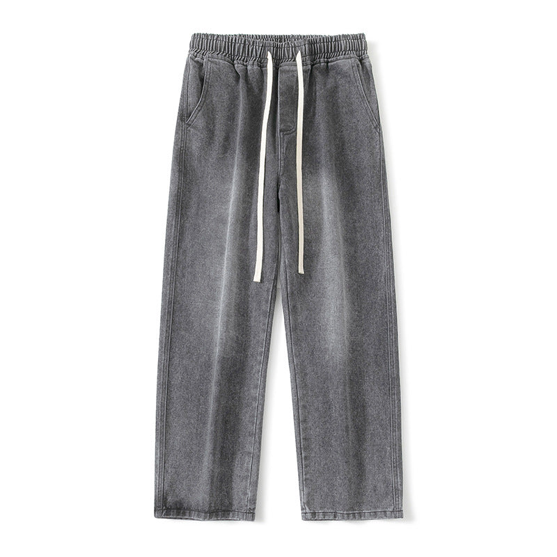 Men's Wide Denim Jogging Pants with Elastic Waistband and Long Drawstrings Mune Fashion